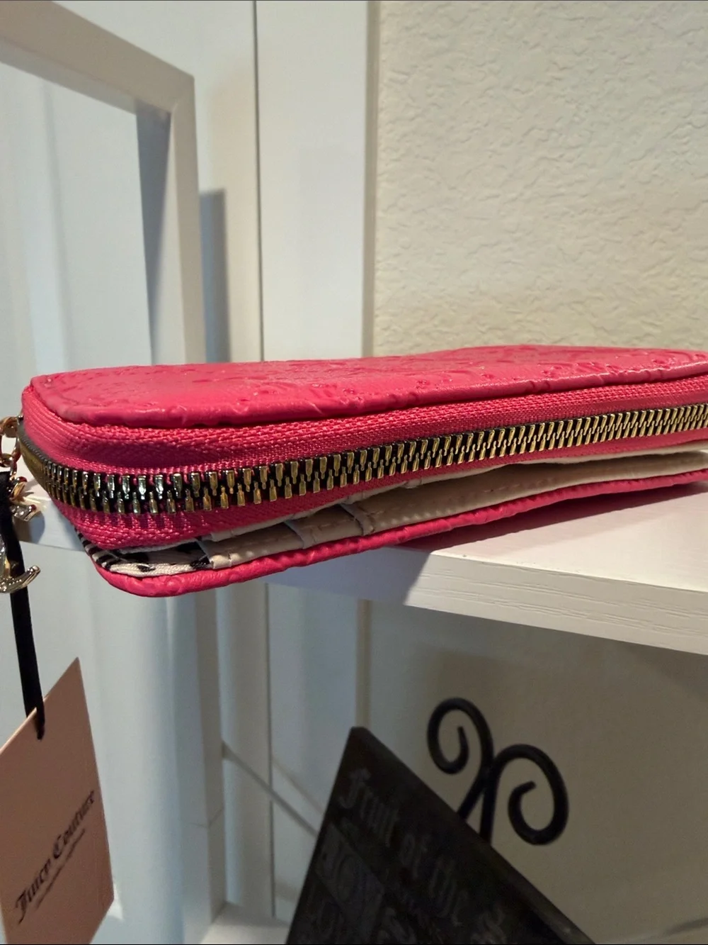 Juicy Couture Bright Pink Embossed Zip Card Wallet with Gold Heart